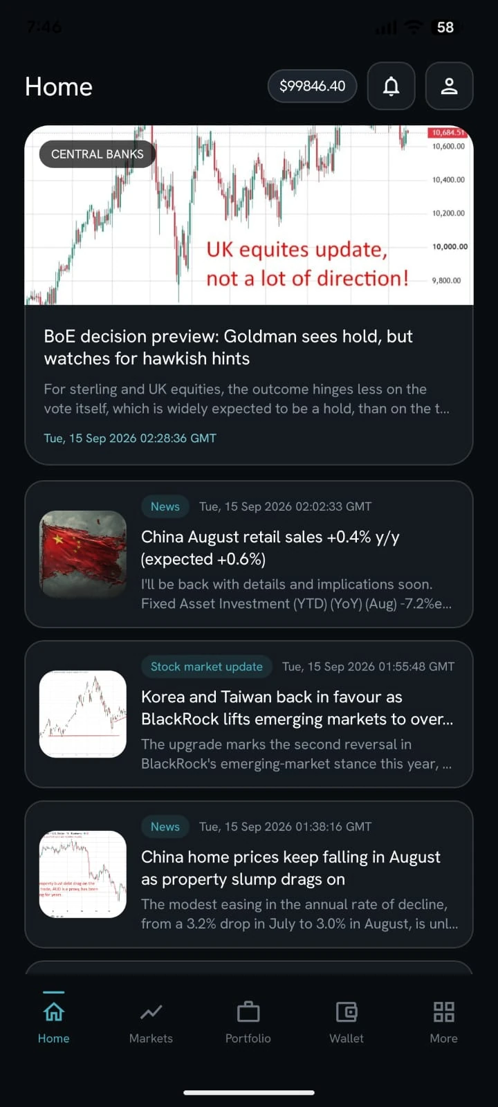 Brokerium mobile app home news feed with market headlines and chart thumbnails
