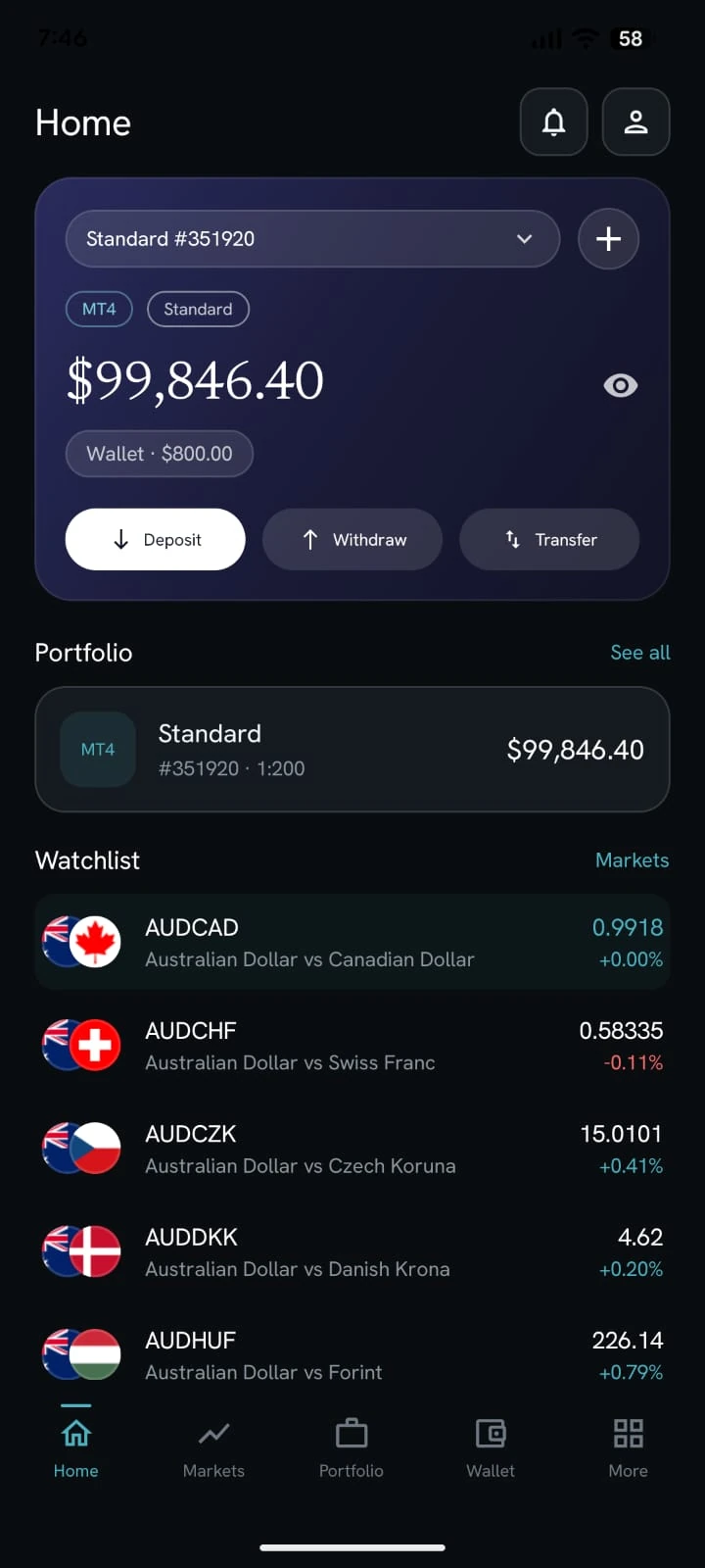 Brokerium mobile app home with MT4 Standard account balance, wallet, deposit, withdraw, transfer, and watchlist