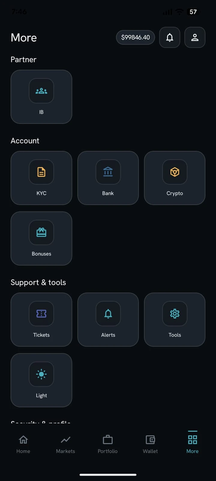 Brokerium mobile app More menu in dark theme with IB, KYC, bank, crypto, bonuses, tickets, alerts, and tools