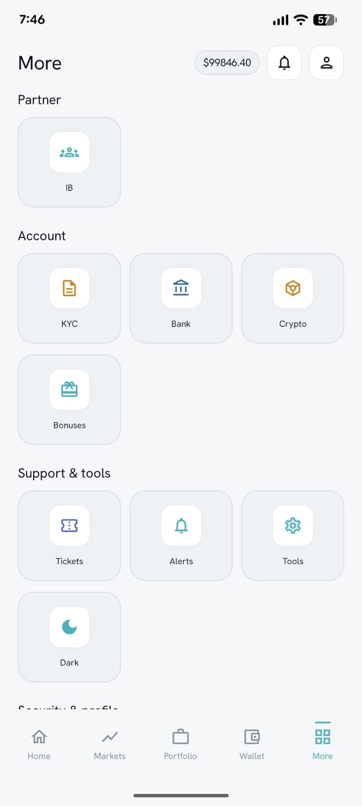 Brokerium mobile app More menu in light theme with IB, KYC, bank, crypto, bonuses, tickets, and dark-mode toggle