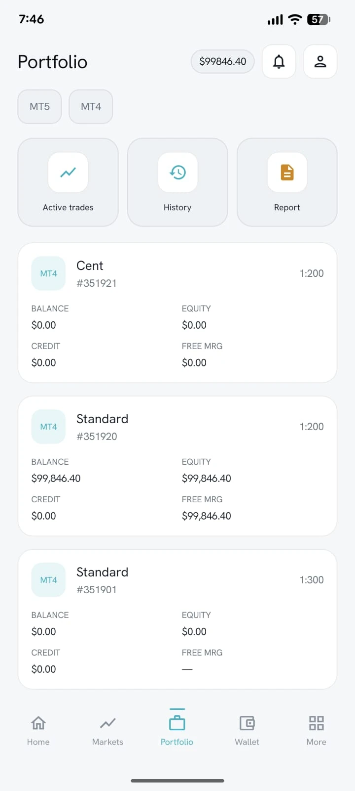 Brokerium mobile app portfolio in light theme with MT4 and MT5 accounts, balances, equity, and trade shortcuts