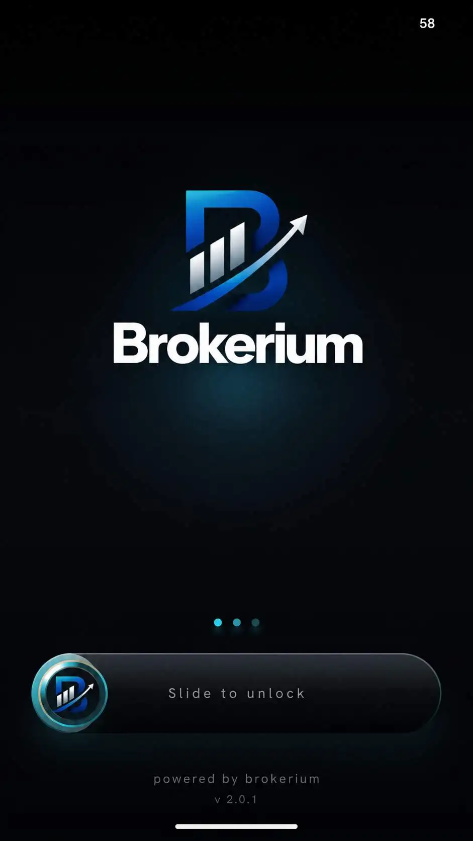 Brokerium mobile app splash screen with Brokerium logo, slide to unlock, and powered by Brokerium