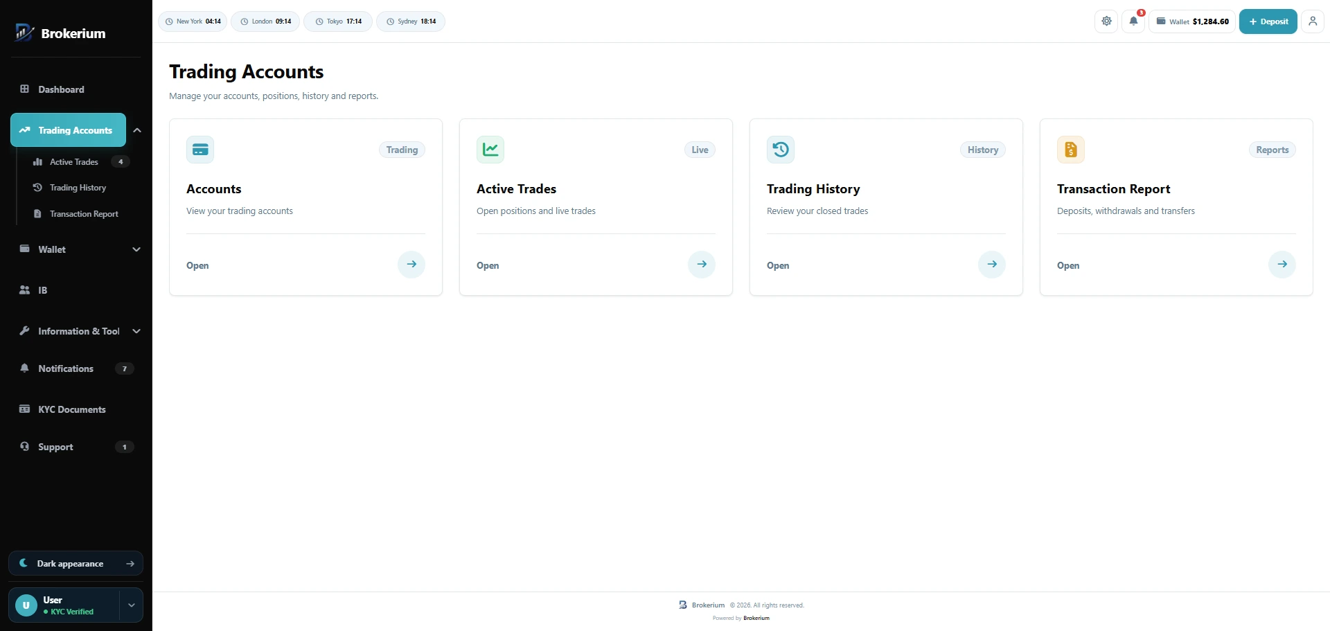 Brokerium trading center with accounts, active trades, history, and transaction reports