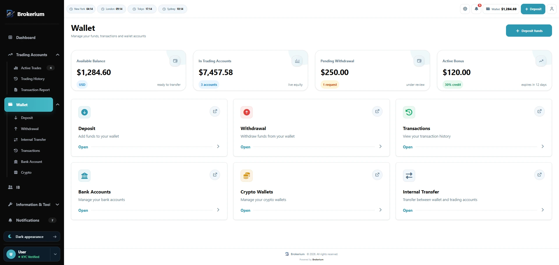 Brokerium wallet hub with deposit, withdrawal, bank accounts, crypto wallets, and internal transfer